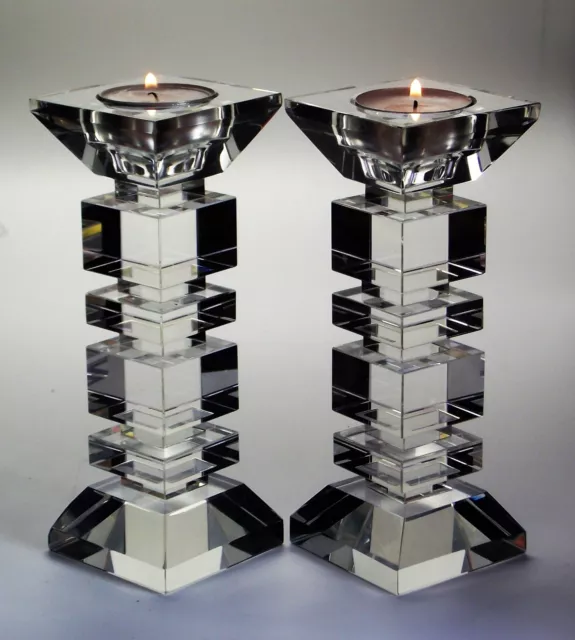 A Pair of Modernist Stacked Block Square Profile Crystal Candlesticks 16.5cm