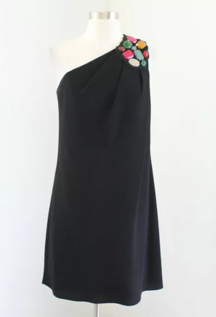 Shoshanna Womens Black One Shoulder Stone Beaded Draped Dress Size 4