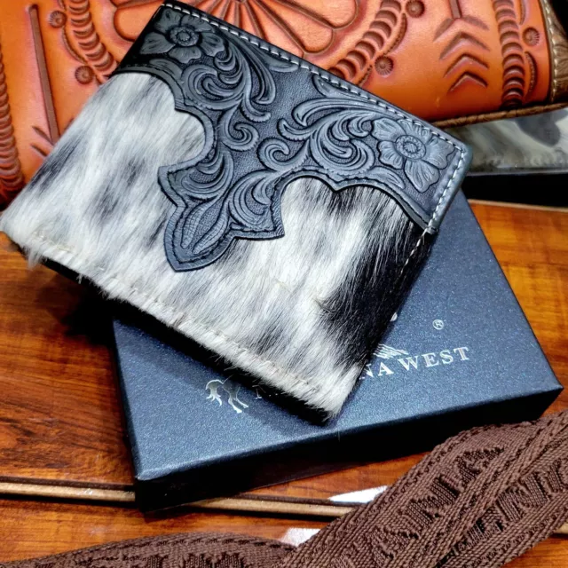 Montana West mens wallet  Genuine Leather  & cow hair Handtooled Black And Beige