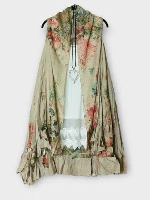 Plus Size Vintage Boho Floral Festival Coachella Kimono Ruffle Vest Duster tAUPE