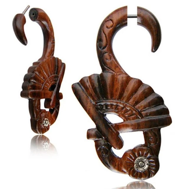 Pair 18G Sono Wood Fake Cheater Plugs Carved Spirals Tribal Long Gauges Gauge