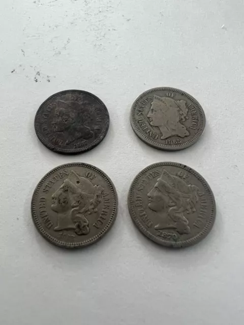 lot of 4 1865 67 68 70 Three Cent Nickel Piece 3C Ungraded Civil War era US Coin lot of 4 1865 67 68 70 Three Cent Nickel Piece 3C Ungraded Civil War era US Coin
