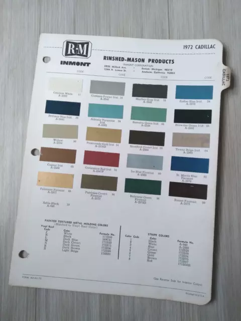 1972 CADILLAC Color Chip Paint Sample Chart Brochure: RM