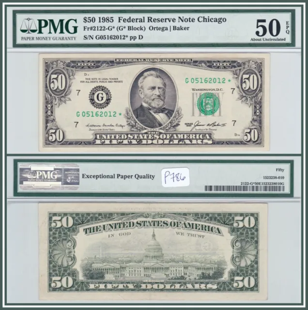 1985 Star $50 Federal Reserve Note Chicago PMG 50 EPQ AU About Unc FRN