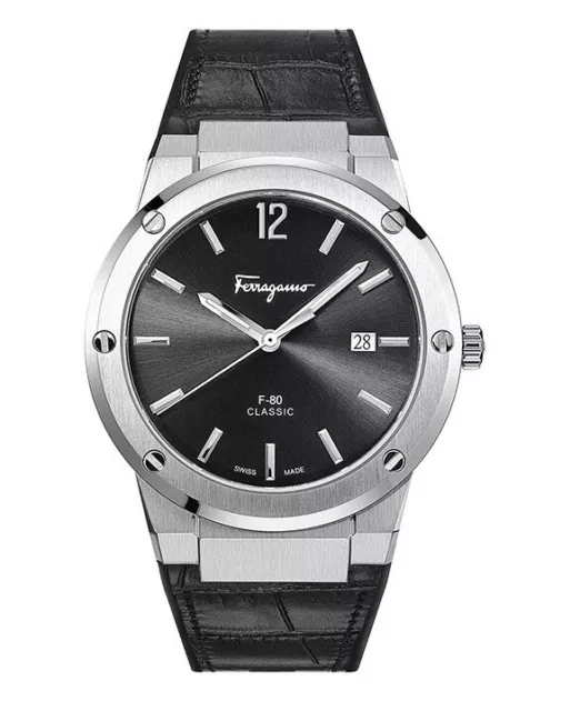 w/Box Men's Salvatore Ferragamo F80 Classic Full Black Dial Leather Strap Watch