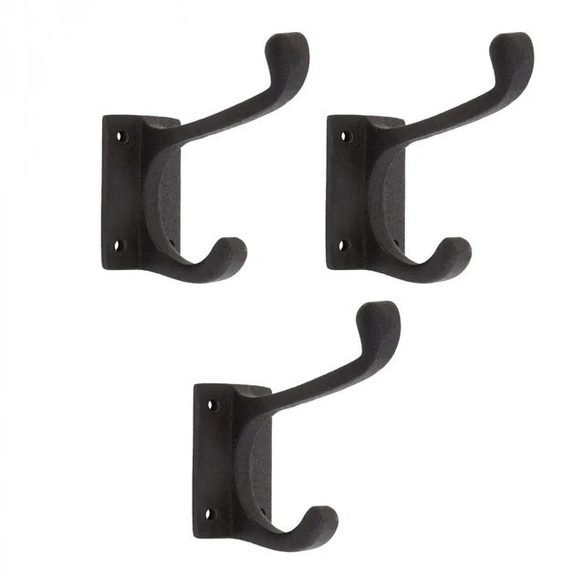 Black Wrought Iron Double Coat Robe Hooks 4" L Wall Mount Pack of 3