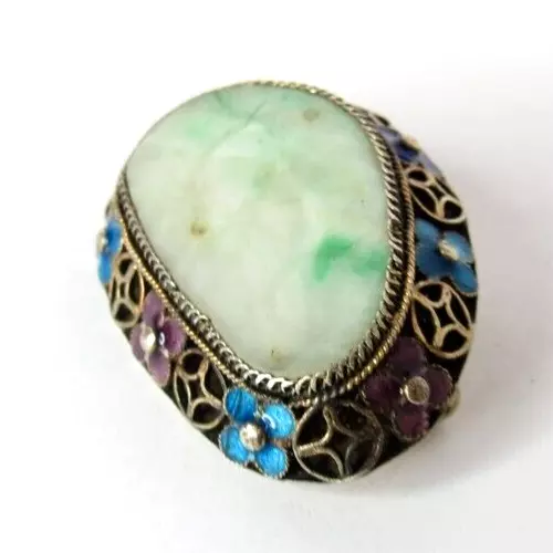 Antique Chinese Carved Green Jadeite Jade Enameled Silver Filigree Brooch Pin 2