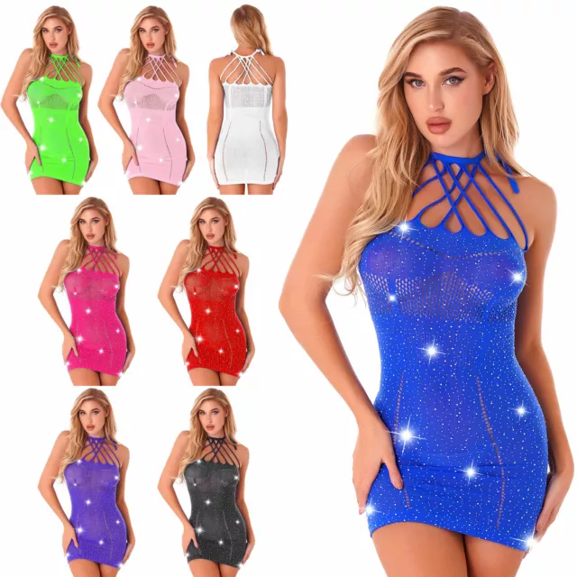 Damen Netz Kleider Sexy Minikleid Dessous Transparente Glitzer Bodycon Clubwear