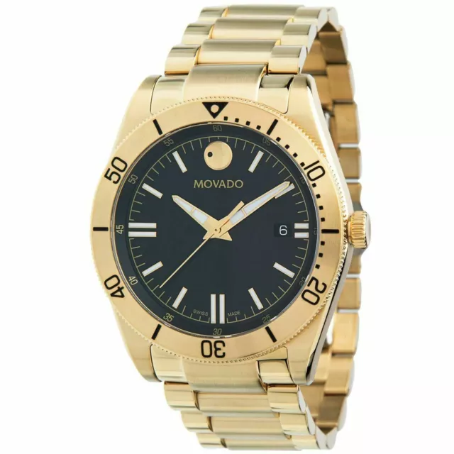 Movado Men's Watch Sport Quartz Black Dial Yellow Gold Tone Bracelet 0607436