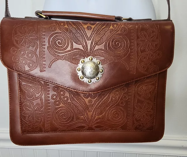 Vtg Belle Rose Brown Tooled Floral Leather  Shoulded Crossbody Bag Silver Accent
