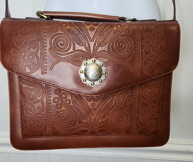 Vtg Belle Rose Brown Tooled Floral Leather  Shoulded Crossbody Bag Silver Accent