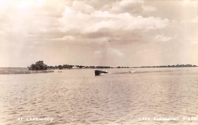 Lake View Iowa~Water Ski at Lakewood~Speedboat~1940s Real Photo Postcard~RPPC