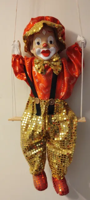 Vintage Hand Painted Porcelain Face Clown Marionette Puppet On Wood Swing