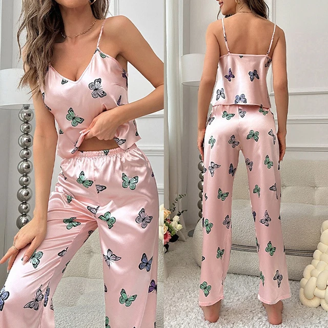 Affascinante set pigiami stampa farfalla rosa colore raso 2 pz pigiami donna