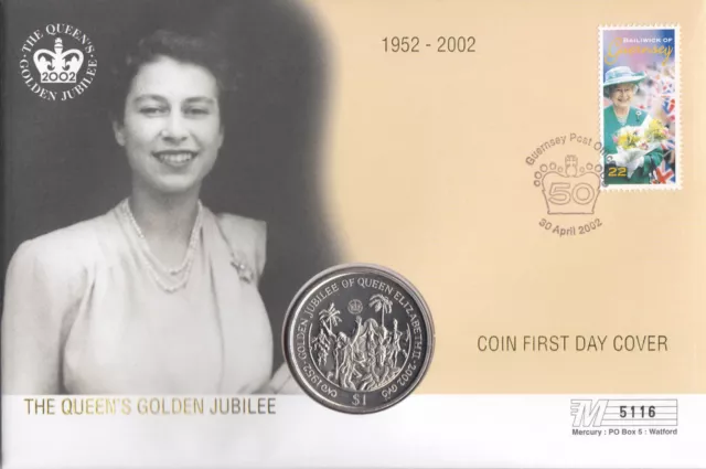 (134914) Queen Elizabeth II Golden Jubilee BVI $1 COIN Guernsey Mercury FDC 2002
