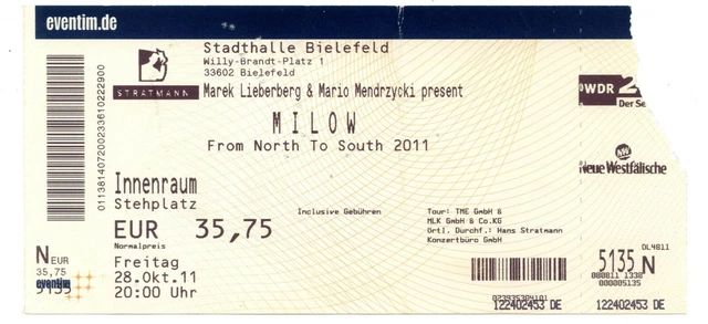 Milow - Altes Konzert-Ticket - Bielefeld vom 28.10.2011 - Siehe Bild
