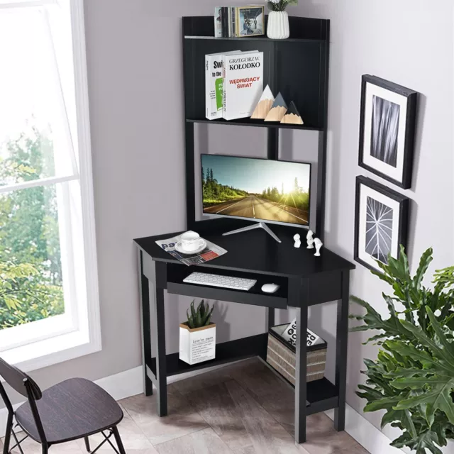 Corner Computer Desk w/ Hutch Space-saving Study Workstation Top Shelf Storage