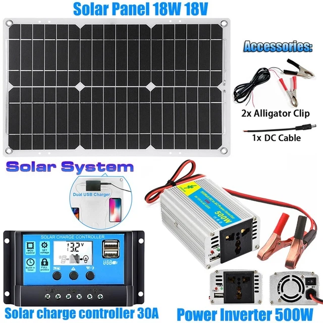 Kit solaire avancé avec panneau 18 W + onduleur de puissance 500 W + contrôleu