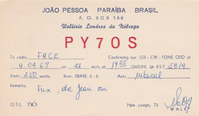 Carte QSL Radio Amateur Opérateur PY7OS de J PESSOA a PARAIBA BRESIL