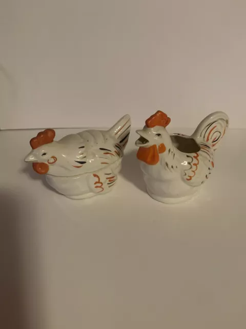 PAIR of Hand Painted Ceramic Rooster Figurines  2 Pc.Trinket Box Occupied Japan