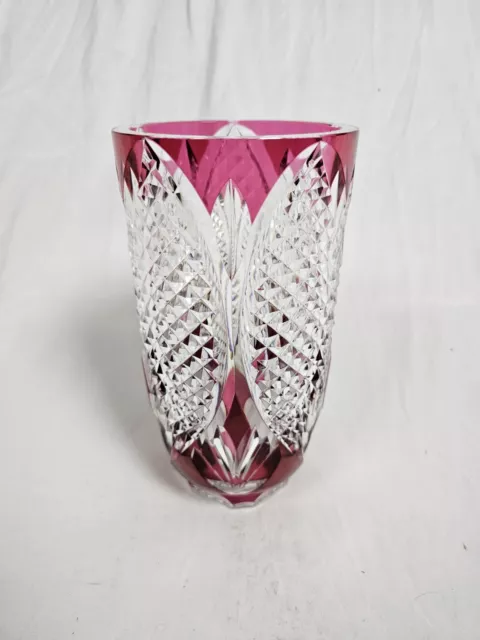 MCM Val St Lambert Cranberry Ruby Cut to Clear Crystal Glass Art Deco 9" Vase