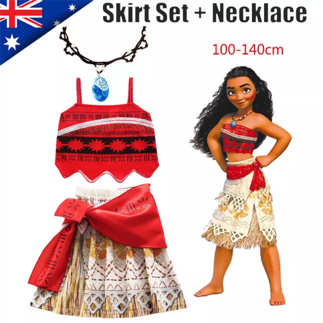 Kids Girls Moana Costume Hawaiian Princess Party Fancy Cosplay Dress w Necklace