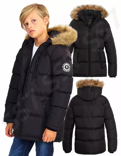 Boys Padded Parka Coat Ages 7 8 9 10 11 12 13 Years Jacket Faux Fur Black