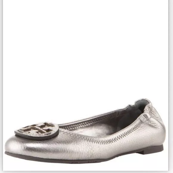 Tory Burch Minnie Reva Metallic Leather Ballerina Flat Women’s 5.5 Pewter $195