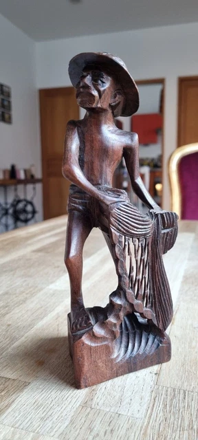 Petite Statuette Gwanyin Chine Bois De Santal Sculpté Socle Ebène