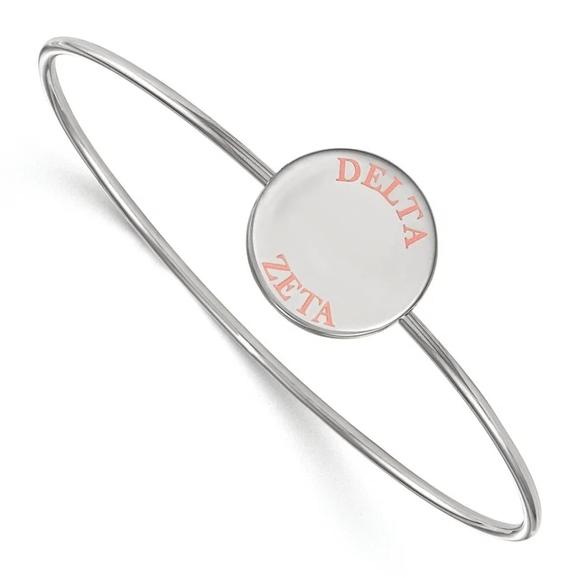 Sterling Silver Delta Zeta Enamel Coral Letters Bangle - 7 In.