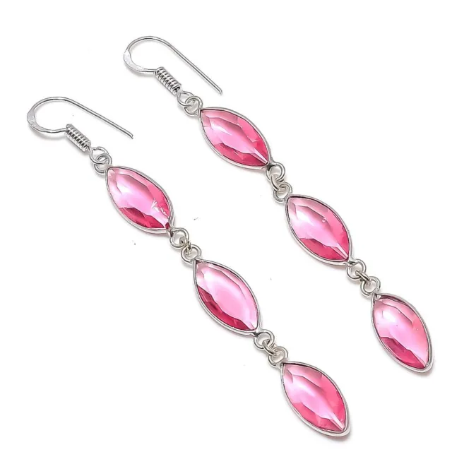 Pink Rubillite Gemstone Handmade 925 Sterling Silver Jewelry Earring 3.15" j375
