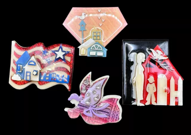 4 Brooch Lot By Lucinda Angel Houses Patriotic July 4th Bird Hearts Glitter Etc