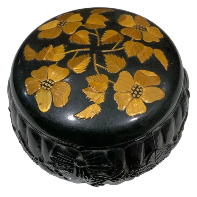 Vintage Rissian Straw Inlay Trinket Jewelry Box Black Patterned Lacquer Plastic