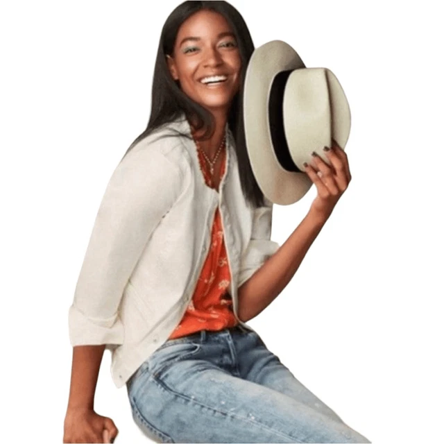 CAbi 5479 Size Small Castaway White Denim Jacket Fringe Trim Snap Closure