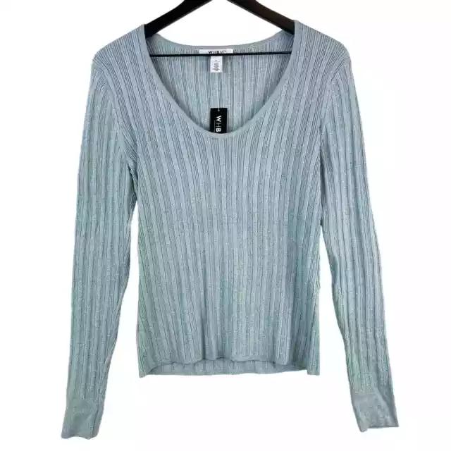 NWT White House Black Market (L) Scoop Neck Pullover Sweater Metallic Blue