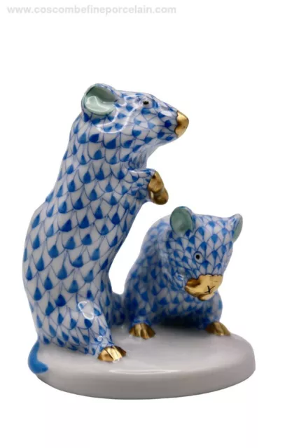 Superb Herend Porcelain Figurine Mice Mouse Blue Fishnet fish scale