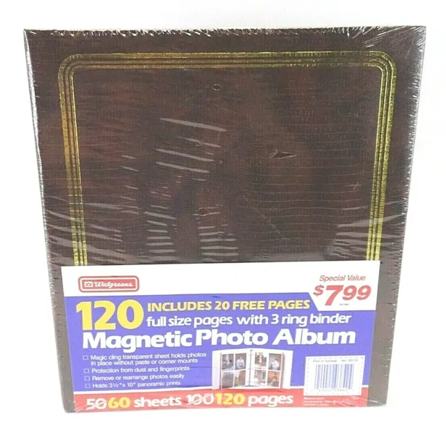 Álbum de fotos marrón de colección Walgreens 120 páginas de pegamento rápido sellado de fábrica década de 1990