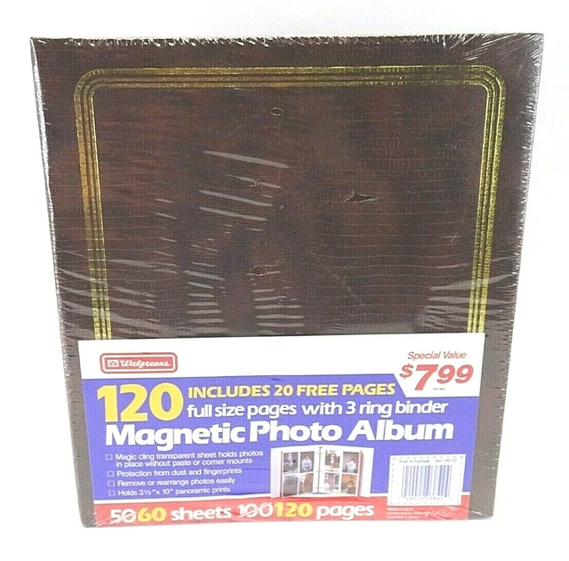 Álbum de fotos marrón de colección Walgreens 120 páginas de pegamento rápido sellado de fábrica década de 1990