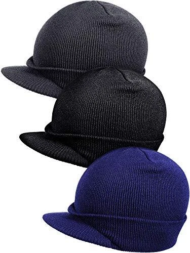 3 Pieces Winter Beanie Hat with Brim Knit Visor Beanie Caps Warm Doubl...