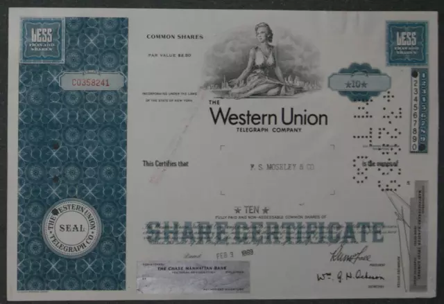 The Western Union Telegraph Company 1969 10 Shares