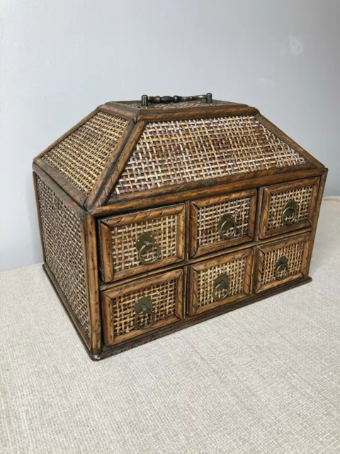 Wooden Folk Art Strawed Tramp Art Box With 6 Drawers W12x H9.5xD8.5”