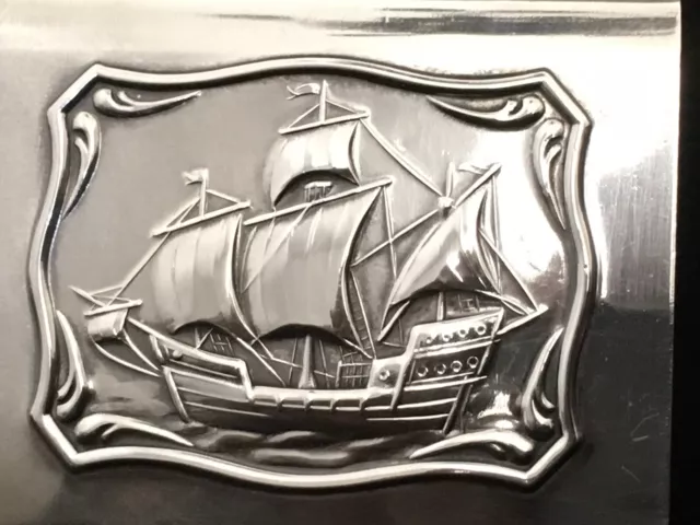 Jugendstil Streichholzetui ~ Schiff ~ auf hoher See ~ Marine ~ Versilbert Antik