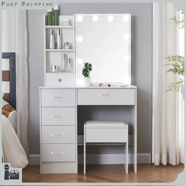 Dressing Table w/ LED Mirror Drawers Vanity Table Makeup Desk Stool Set White