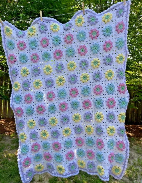 Vintage Handmade Crochet Pastel 3D Flower Afghan Throw Blanket 48 x 52