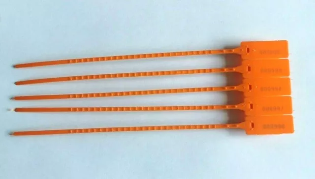 Orange Plastic Security Seals. Numbered Tag. Pull Cable Ties. Anti-Tamper. 250mm