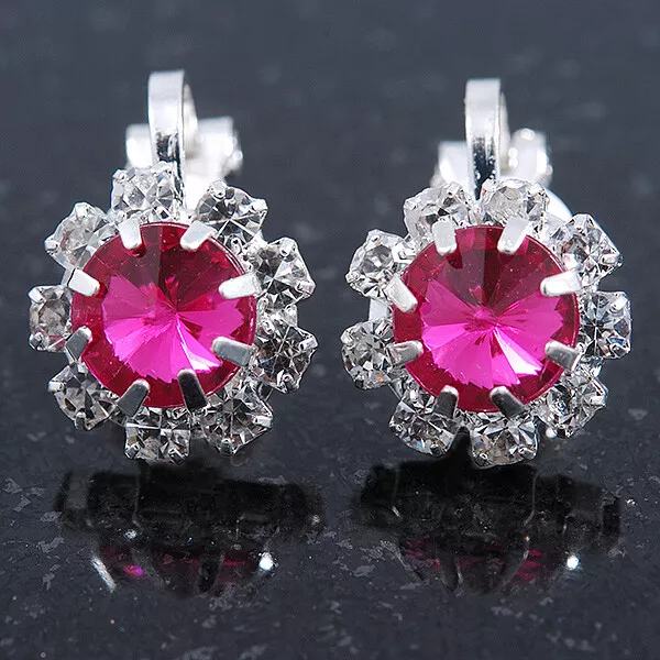 Small Fuchsia, Clear Crystal Floral Clip On Earrings In Silver Tone - 15mm L