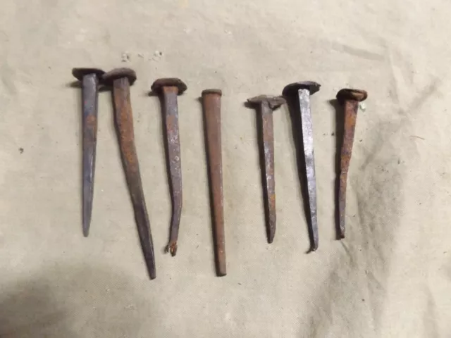7 Primitive Antique Hand Cut Used Nails Sq. Head, Rosehead and Round Head