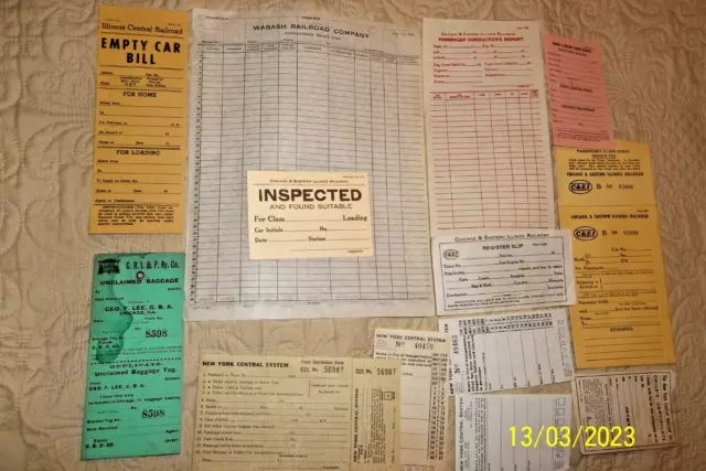 Railroad Paper Original Forms Lot Of 13==5 Different Railroads