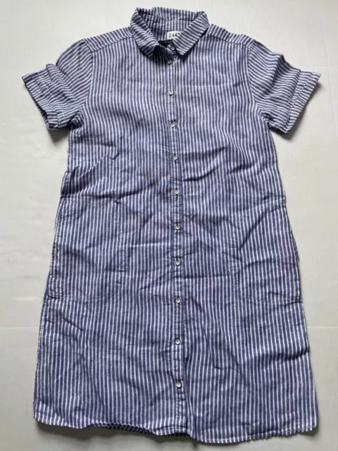 Tahari Shirt Dress Womens M Blue Striped 100% Linen Cuffed Sleeve Pockets Shift