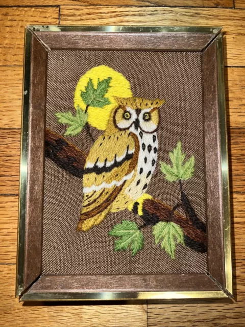 Vintage 1970s Scops Owl Mid-Century Yarn Embroidered Framed Crewel Wall Art 6x8”